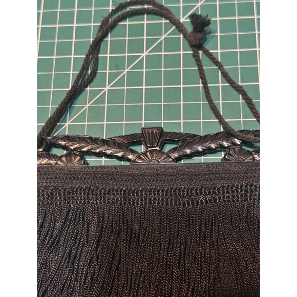 Vintage Black Beaded Fringe Handbag Purse With Cord Handle & Decorative Plastic - Picture 3 of 7